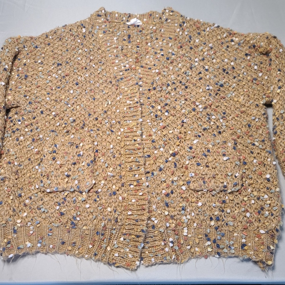 Loveriche Cardigan Women 3X Tan Popcorn Knit Confetti Pockets Oversized Boho